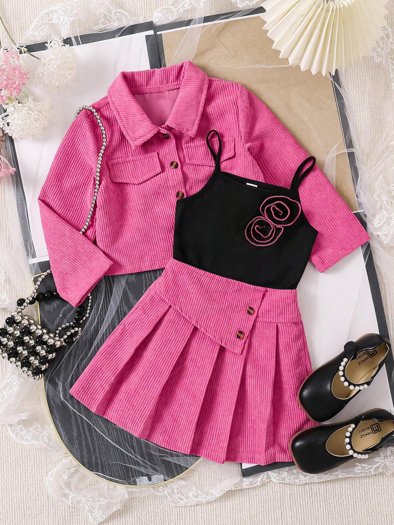 

Модный костюм для девочек, весенне-осенний детский повседневный комплект из трех предметов: пальто с длинными рукавами и плиссированной юбкой 7Y розы красного