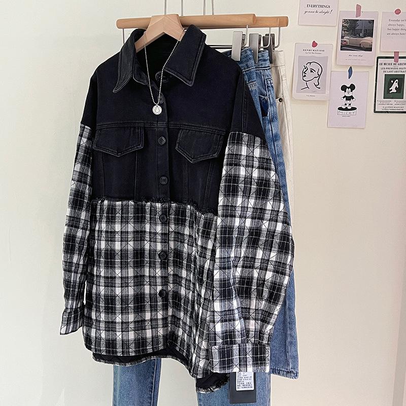 Women's Retro Patchwork Plaid Denim Jacket - Autumn/Winter 2023, Loose Fit, Slimming, Versatile, Plus Velvet Padding.