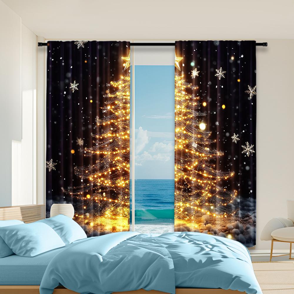 

2Pcs Golden Christmas Tree Print Curtains Rod Hole Design For Easy Hanging Perfect For Living Room Bedroom Office Polyester Home 29x65in(75x166cm)