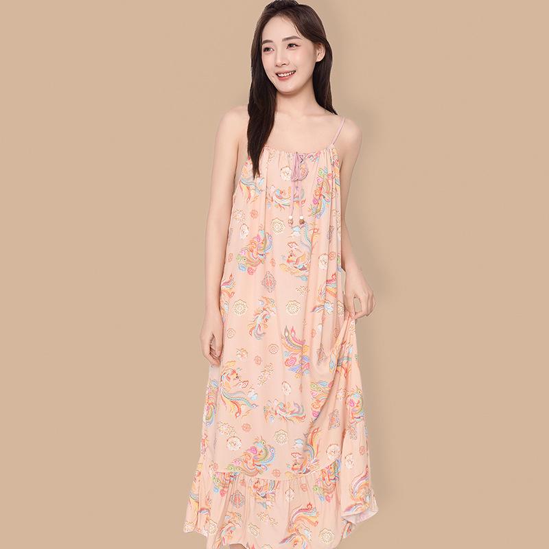 Gentle Wind Gradual Change Tie-dye Cotton and Silk Suspender Nightdress Ruffle Edge Hem Loose Pajama Skirt Women Large Size Home Skirt
