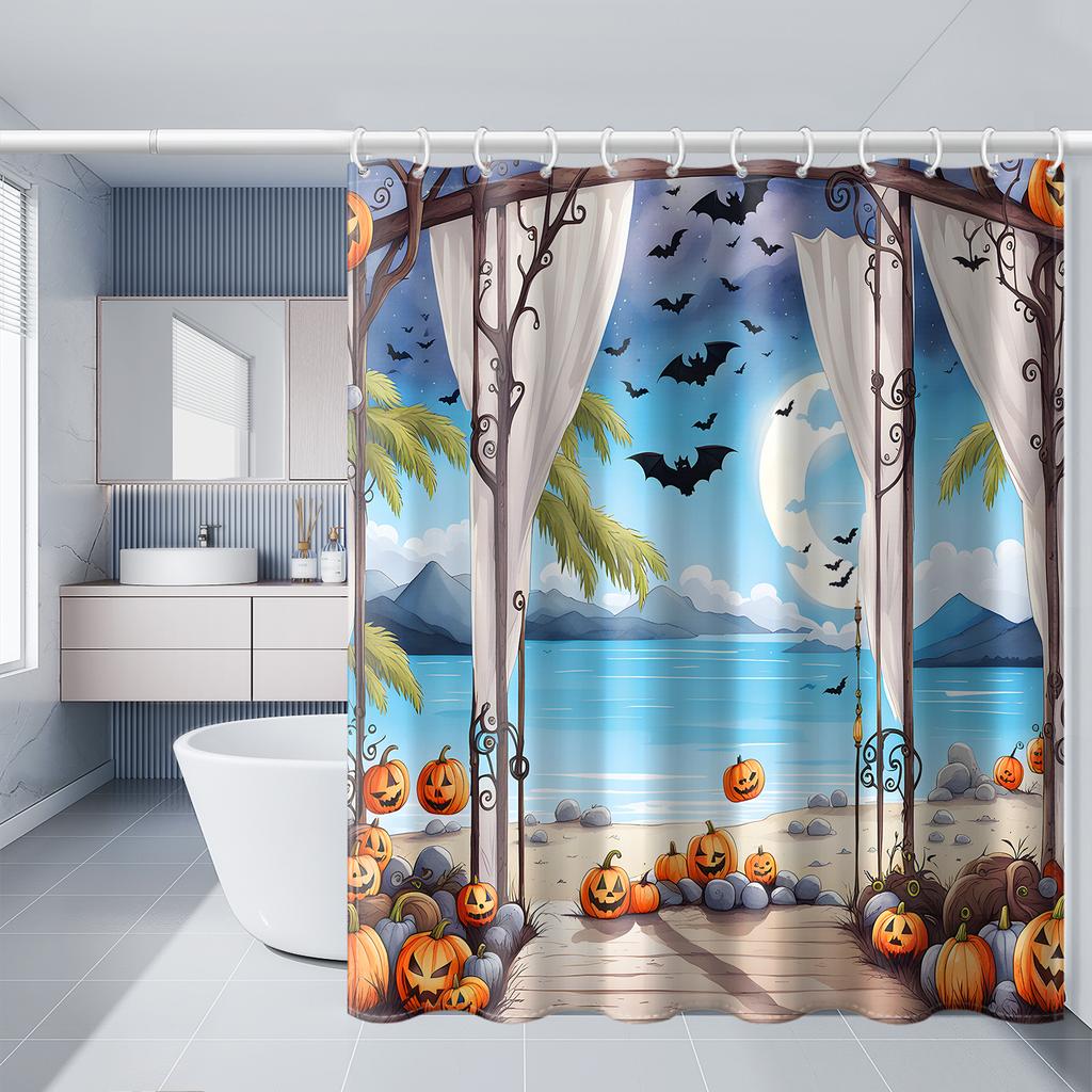 1pc Simulated Window Pumpkin Tree Halloween Bat Shower Curtain with Plastic Hooks, Decorated In Autumn and Winter Style