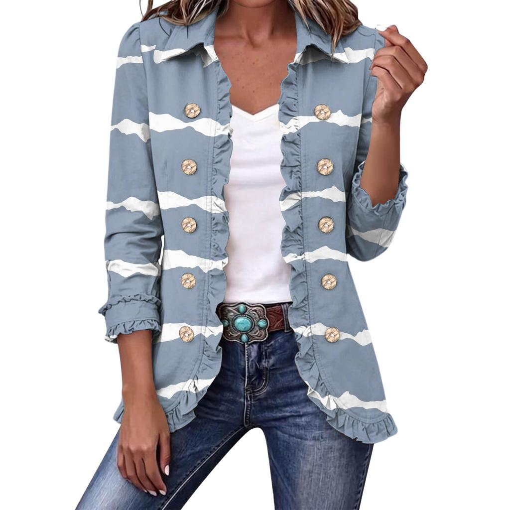 Women's Cropped Ruffle Hem Jacket with Lapel Collar and Double-Breasted Button Front