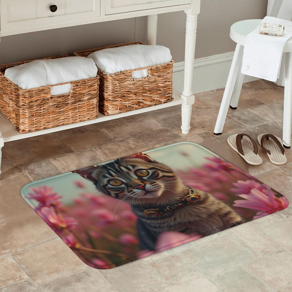 1PC Blossoming Cat Companion Kitchen Rug Non-Slip Door Mat Pop design Bathroom Rug Bath Mat Carpet for Home Sink Laundry Decor