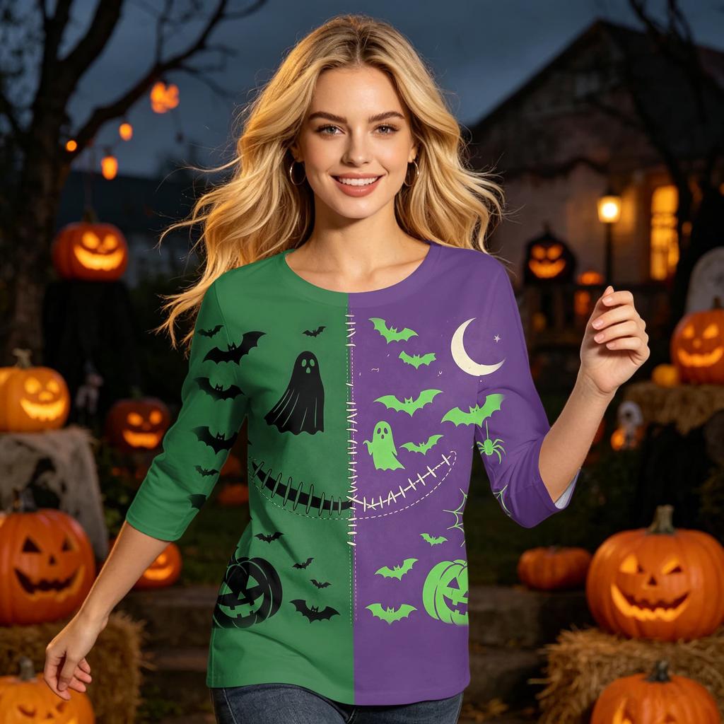 Women's Casual Halloween Print Three Quarter Sleeve Round Neck Top Comfortable Fit Lightweight Fabric Stylish Design
