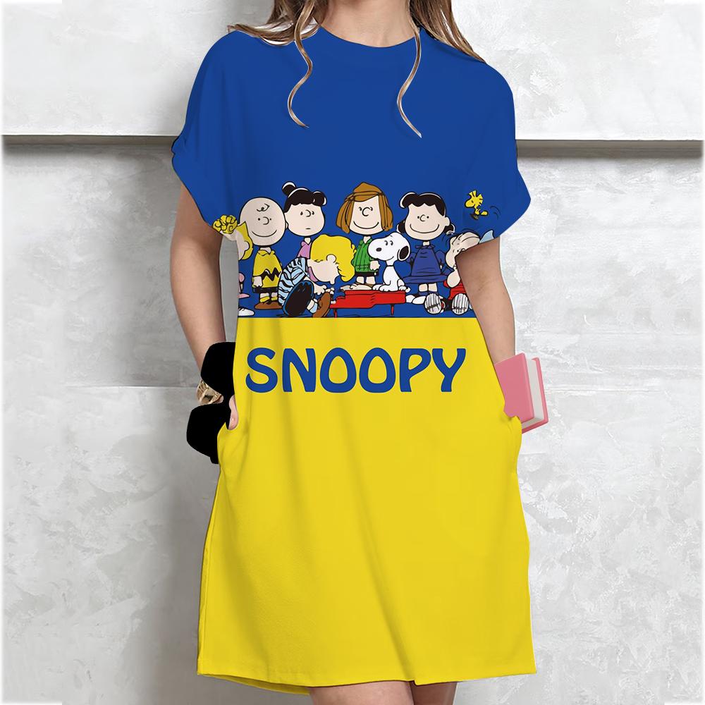 Dámske šaty s potlačou Snoopy Letné voľné s potlačou Okrúhly výstrih Krátky rukáv Pohodlné Ležérne Šaty vo veľkých veľkostiach 3XL