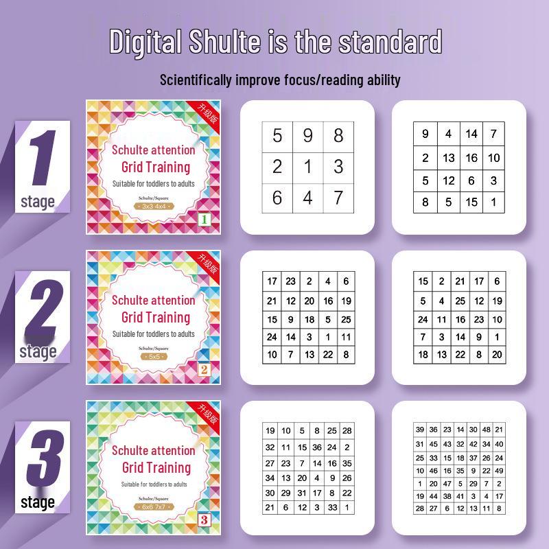 Shulte-rutenett øvelseskort: Konsentrasjonstrening for barn i alderen 3-8 år, Forbedre oppmerksomhetsspennet, Pedagogisk leketøy