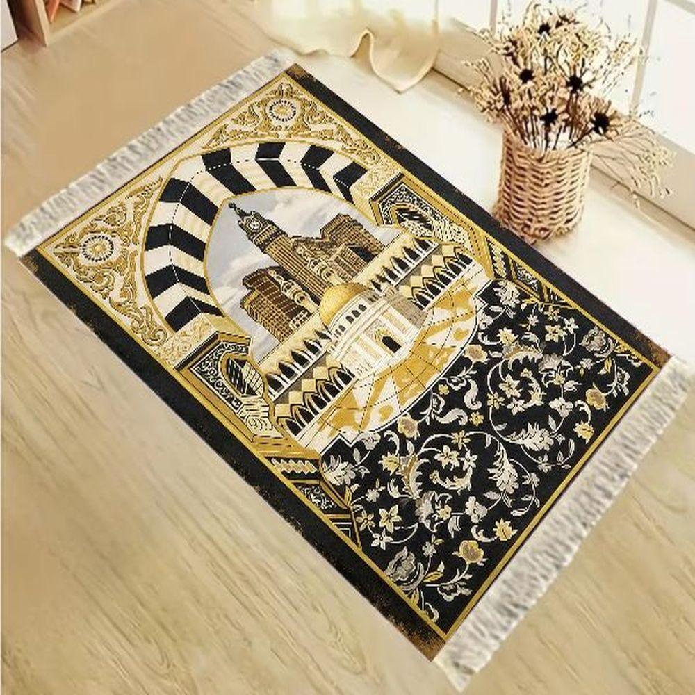 Muslim Prayer Mat Traditional Gold Border Geometric Arch Elegant Worship Rug