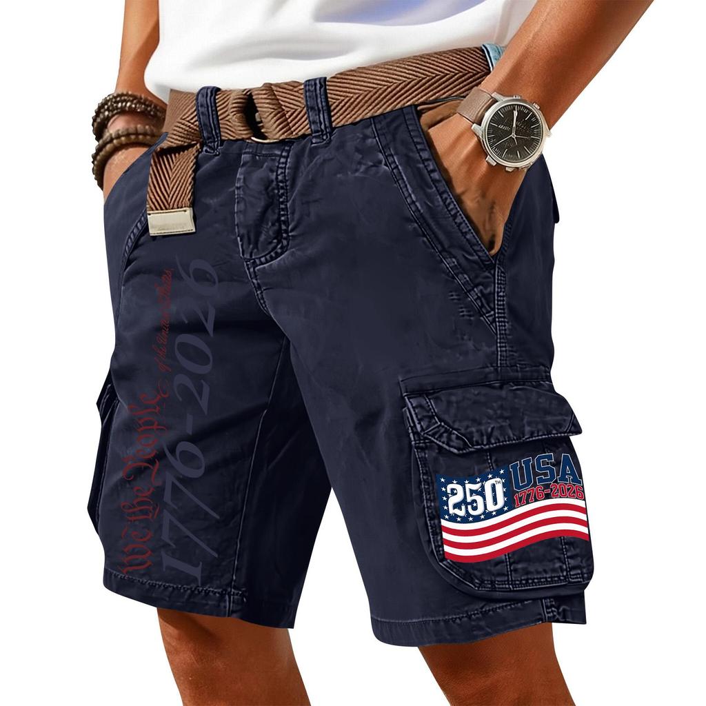 Men Cargo Shorts with Belt Cotton Fabric Multiple Pockets USA Flag Print Casual Loose Fit Outdoor