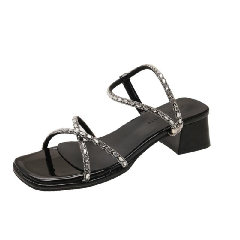 Fashion Crystal Women's Mid Heels Sandals 2025 New Luxury Heeled Shoes Woman Elegant Slippers Summer Brand Pumps Dress Party Sandalias