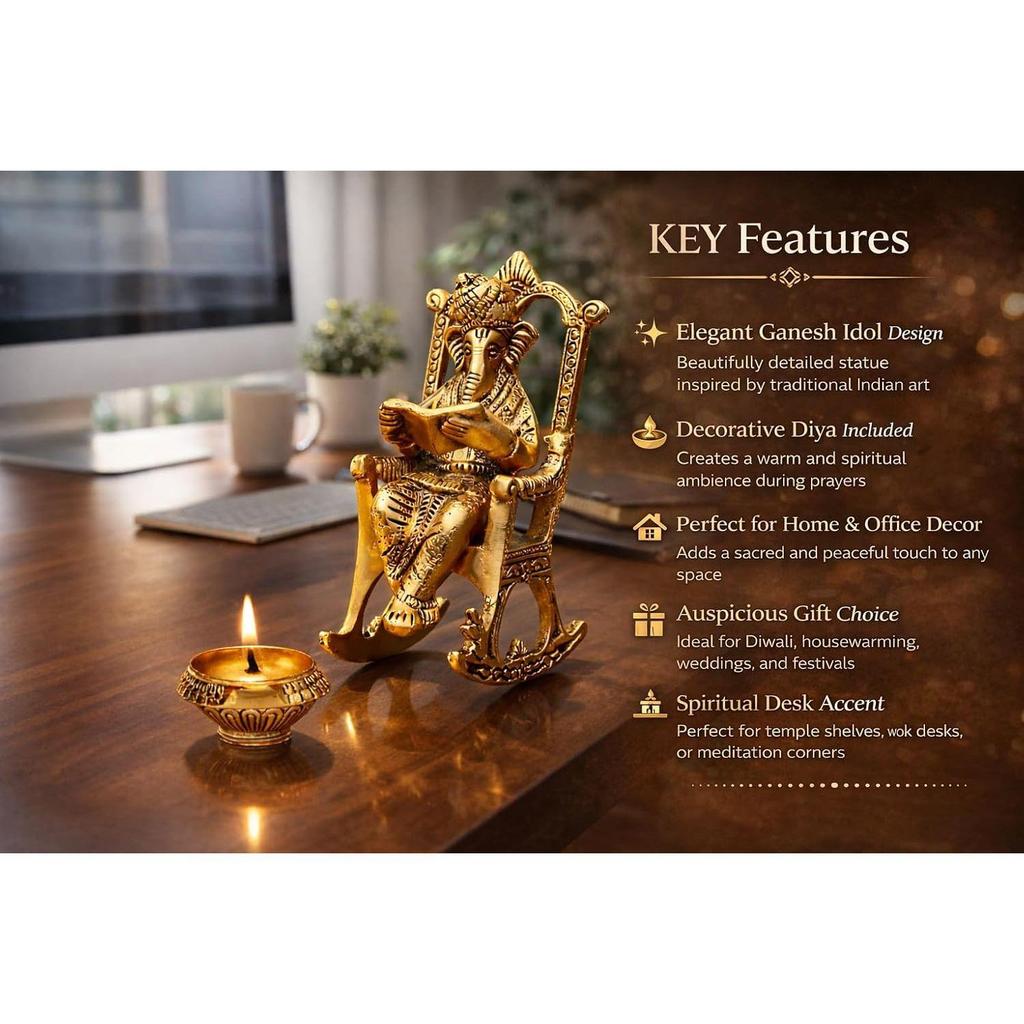 Metal Lord Ganesh Reading Ramayana Statue Ganpati Sitting on Chair with Kuber Diya Idol for Home Office and Gifts Decor