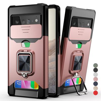 Armor stoßfeste Handyhülle mit Kartenhalter für Google Pixel 7 Pro, Schiebekamera-Objektiv-Schutzhülle für Google PIXEL 6 Pro 5A, magnetische Ringhalter-Abdeckung