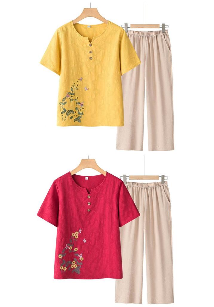 Elderly Women's Summer 2026 Short Sleeve Loose T-Shirt Two-Piece Set