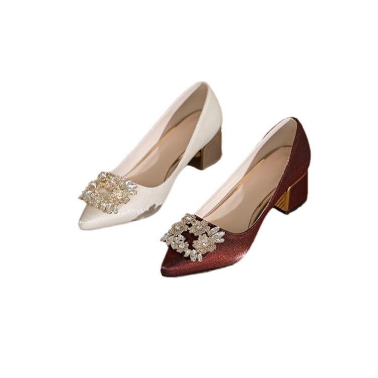 Fashion Rhinestone Buckle Wedding Shoes Women's 2024 Autumn New British Style Pointed Thick Heel High Heels Shallow Single Shoes Women's Shoes
