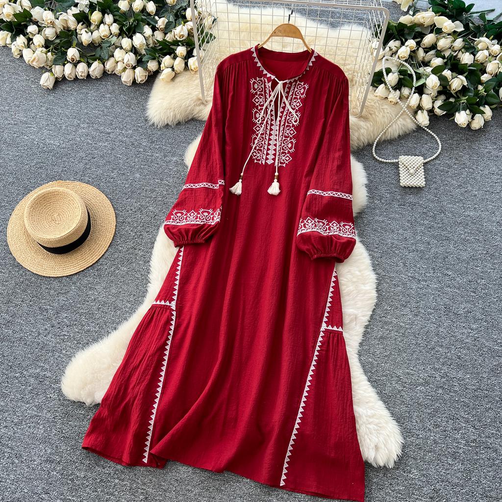 Schickes Vintage Langarm Locker Schlank Elegant Fee Koreanische Mode Boho Sommerkleid Damenbekleidung Langes Kleid