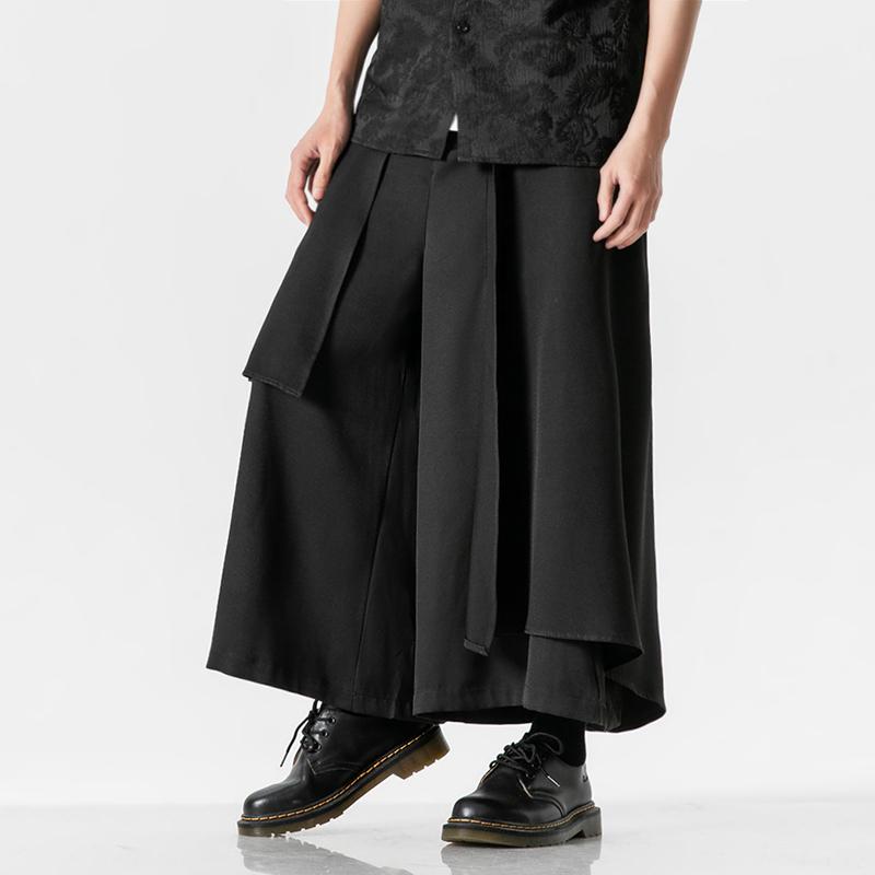 Men Black Harem Pants Chinese Style Streetwear Pants Men Black Hanfu Skirt Pants Summer Men Irregular Design Casual Pants