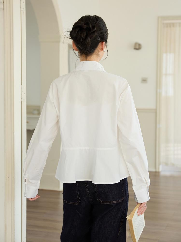 Women's White Cotton Shirt, Loose Fit, Lapel, Cinched Waist, Patchwork, Elegant, Versatile, Slimming, Long Sleeve