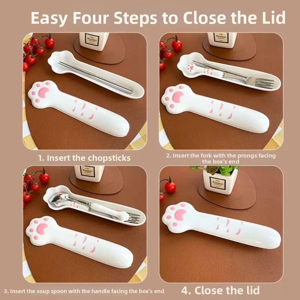 Cute Cat Paw Cutlery Set Portable Fork Spoon Set Meal Accessories Boxed Tableware  Tourism
