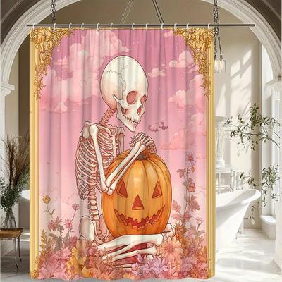 1 Stück Halloween-Duschvorhang Skelett Kürbis Landschaftsmuster Badezimmerdekoration Polyesterstoff Enthält 12 Haken 70. 8X70.