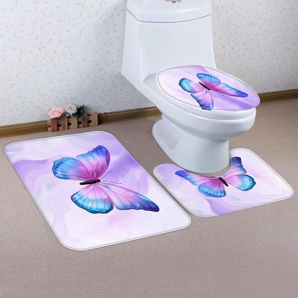 1/4 Pink Butterfly Circle Shower Curtains, Toilet Seat Decoration, Shower Curtain With Carpet And Toilet Lid, 12 70.8X70.8 Inch