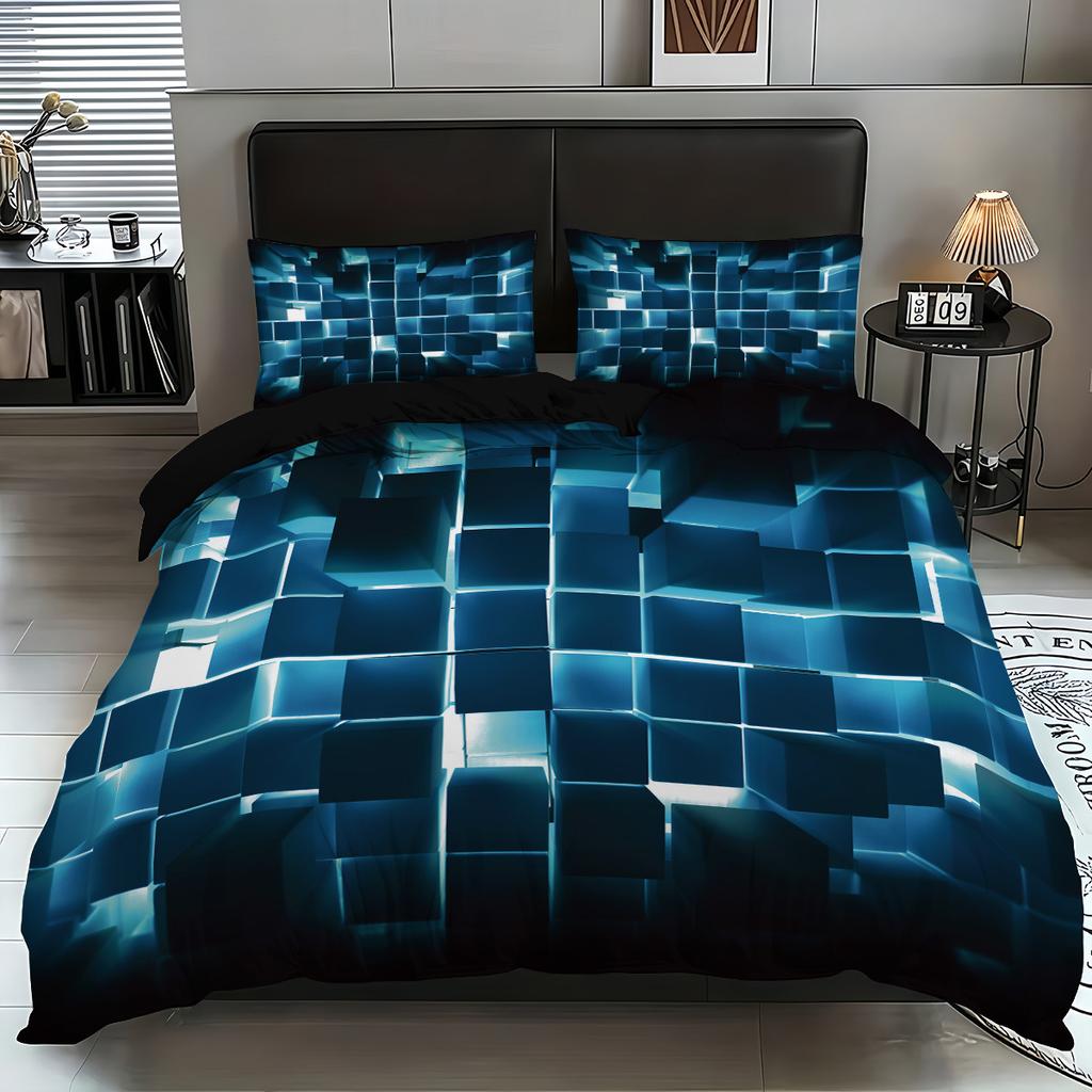 3D Digital Print Energy Block Geometric Cube Modern Grid Plaid Checked Bedding Set Includes Duvet Cover & Pillowcases 2/3Pcs
