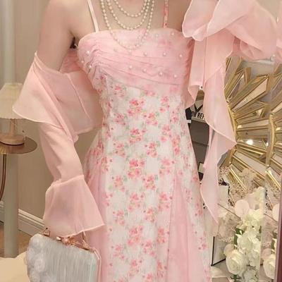 2026 Summer French Floral Lace Mesh Sling Dress - Beautiful Long Two-Piece Set