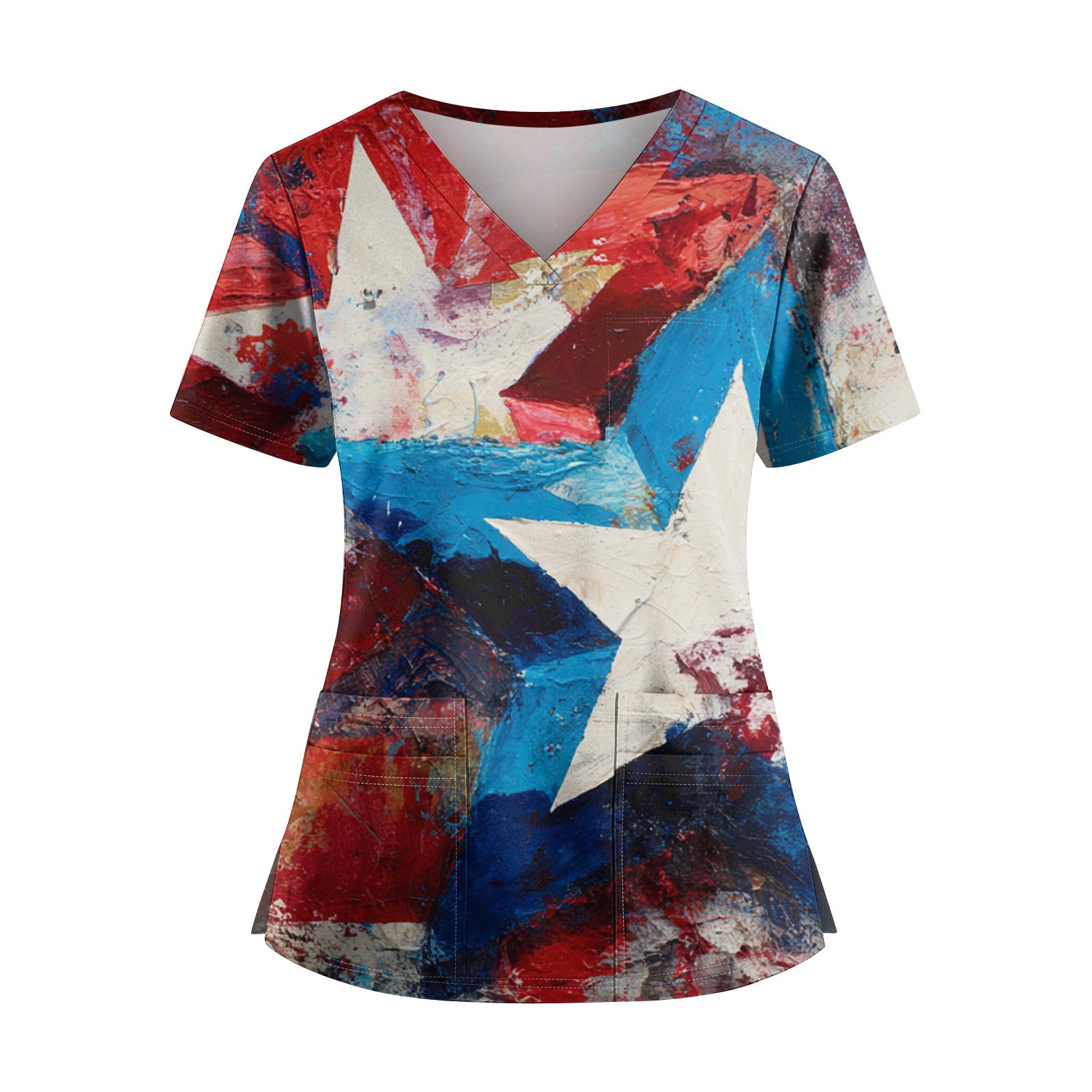

Women s Independence Day Print V-Neck Double Pocket Short Sleeve Uniform with Slit Hem - Caregiver Top M білий