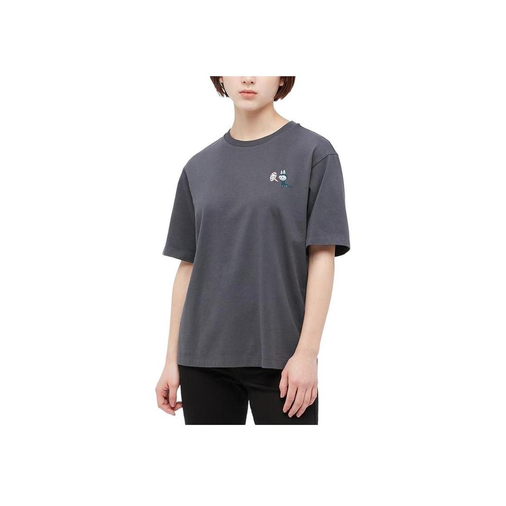Uniqlo X Pop Mart Cartoon Anime Print Crew Neck T-Shirt Unisex Tops Dark-Gray 449367-08