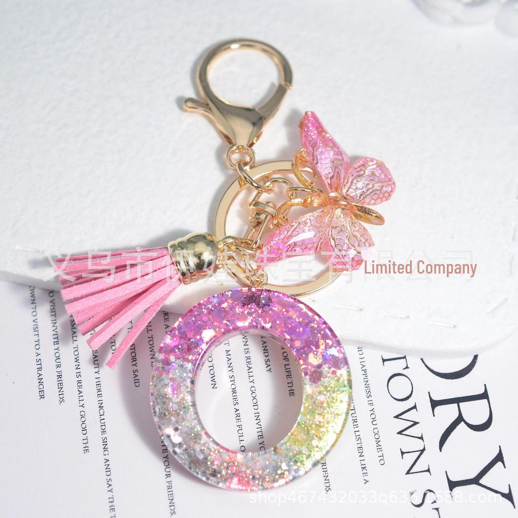 New Sparkling Sequin Initial Keychain with Butterfly Tassel & Crystal Accents