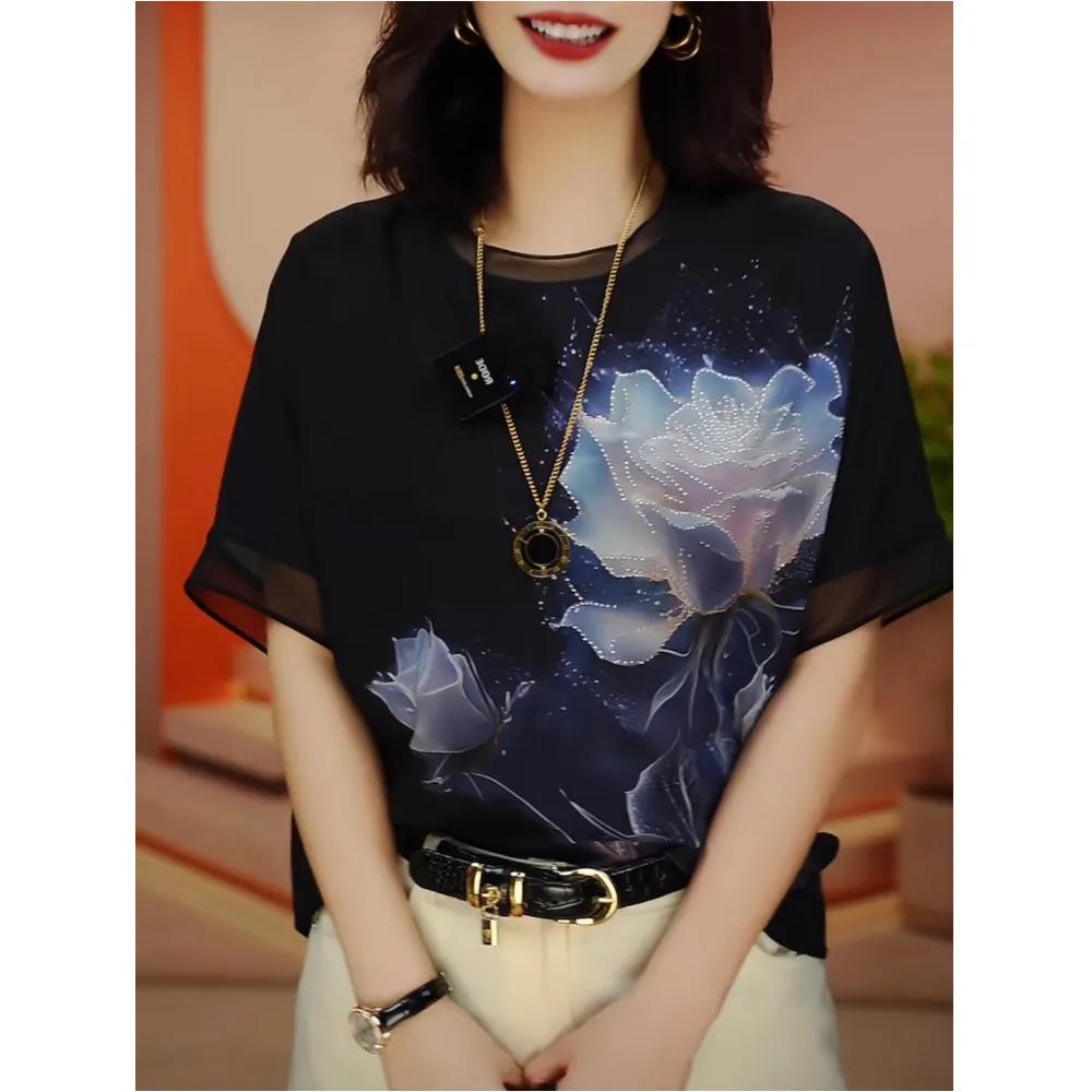 Camiseta de Verano para Mujer con Estampado de Manga Corta Estilo Mamá Holgada Top de Gasa con Silueta Favorecedora