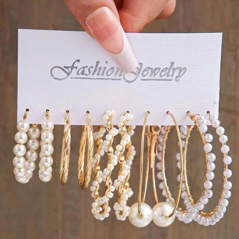 New ins bow fishtail pearl moon stud earrings with diamonds fashion temperament geometric earrings set