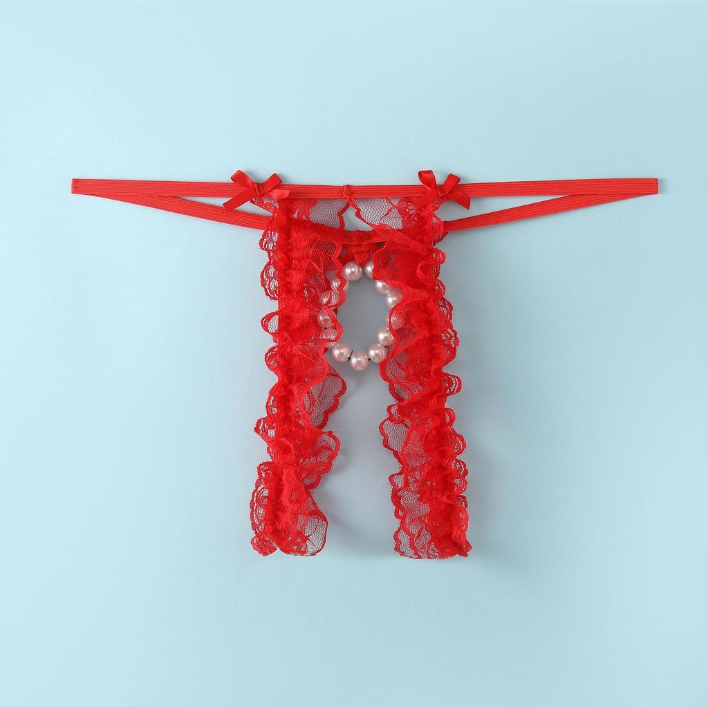 Men's Hot Bow Lace Thong Charm Bead Ring Panties Perspective Hollow Crotch Low Waist Fun Strap