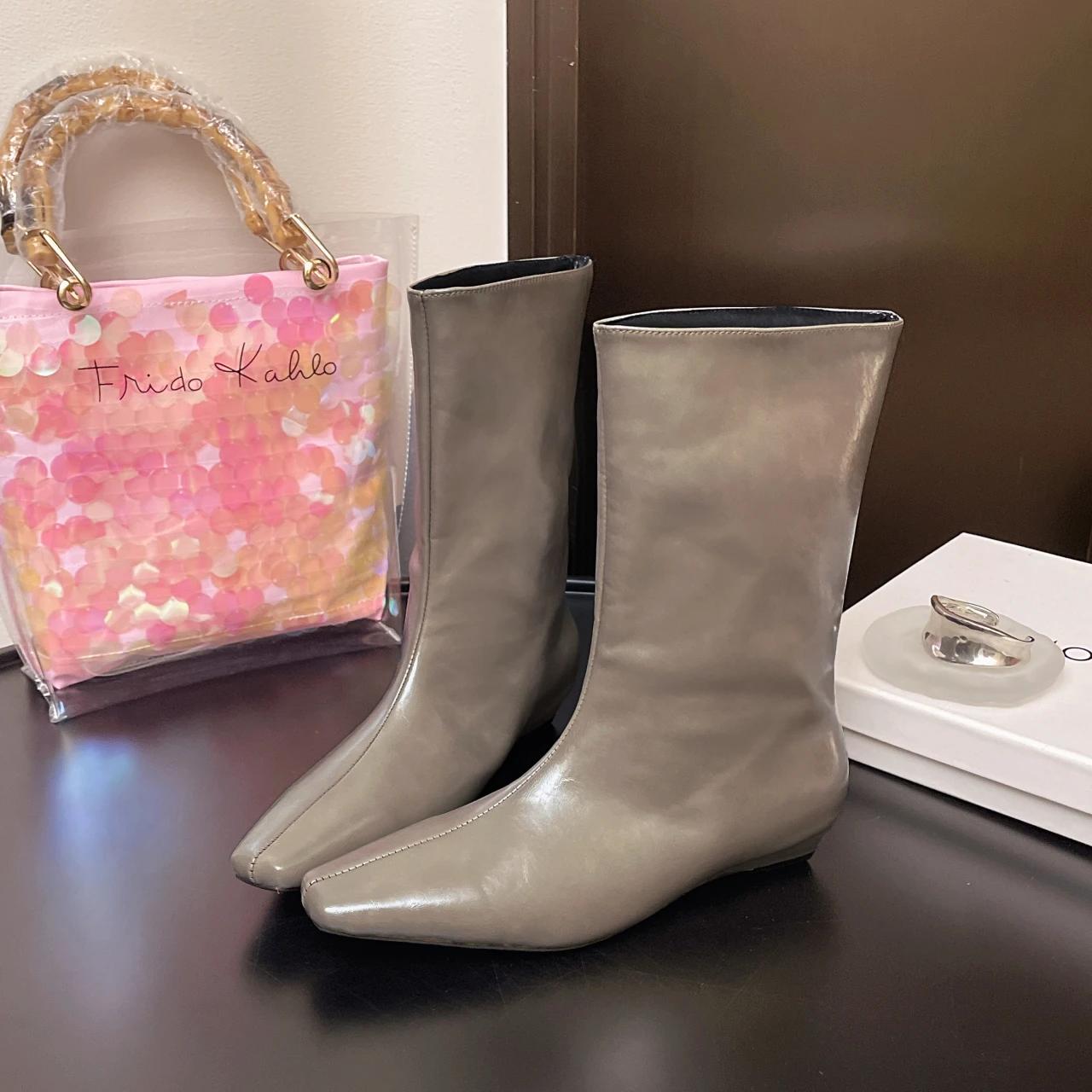 

Designer Square Toe Women Slimming Knight Boots Elegant Female Wedges Low Heel Short Booties Zapatos De Mujer 42 сірий колір