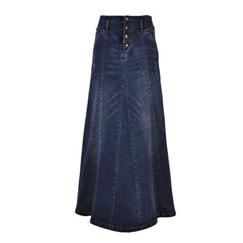 Women Autumn High Waist Vintage Denim Skirt Streetwear A Line Washed Solid Color Pockets Buttons Long Skirts