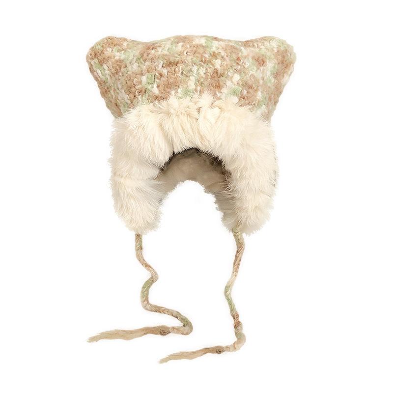 Cute Plush Hat Women's Autumn and Winter Colorful Fringed Braids Knitted Pullover Hat Ear Protector