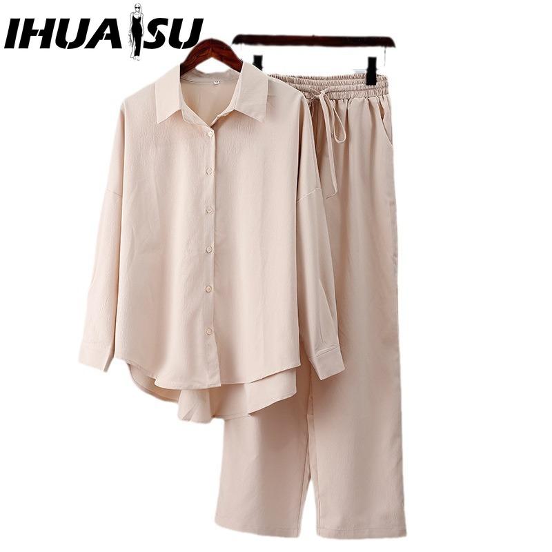 IHUASU Autumn and Winter Loose Stretch Wrinkled Long-sleeved Shirt Wide-legged Trousers Leisure Suit Female Two-piece Set