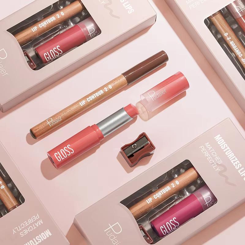 2 ks Sady kombinací tužky na rty, lesku na rty a rtěnky, efekt vodního světla s vysokým leskem, lesklá želé pevná rtěnka a matná konturovací tužka na rty pro konturovací make-up