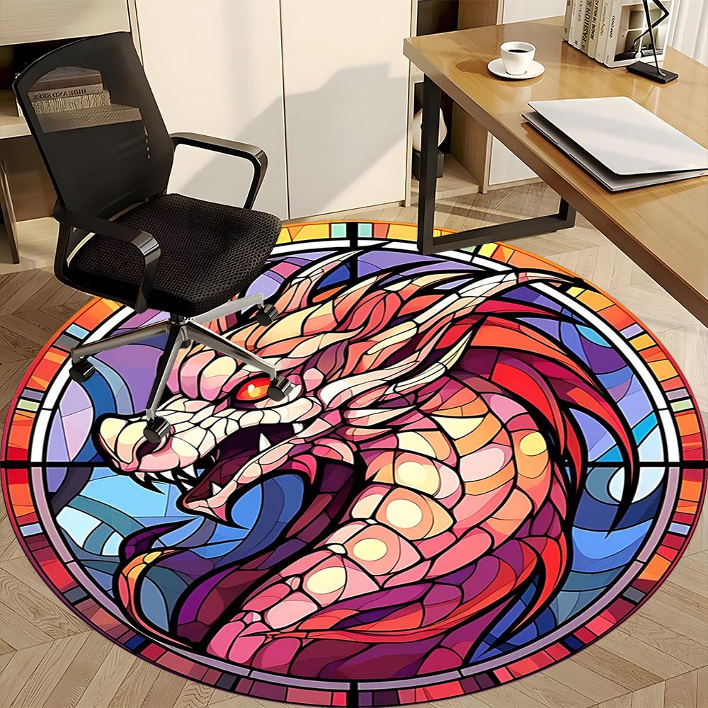 1pc StainedGlass DragonHead Office Round Area Rug, Indoor Mat Suitable For Office, Under Office Chairs Bedroom Living Room Home Decor, Room Deco 086