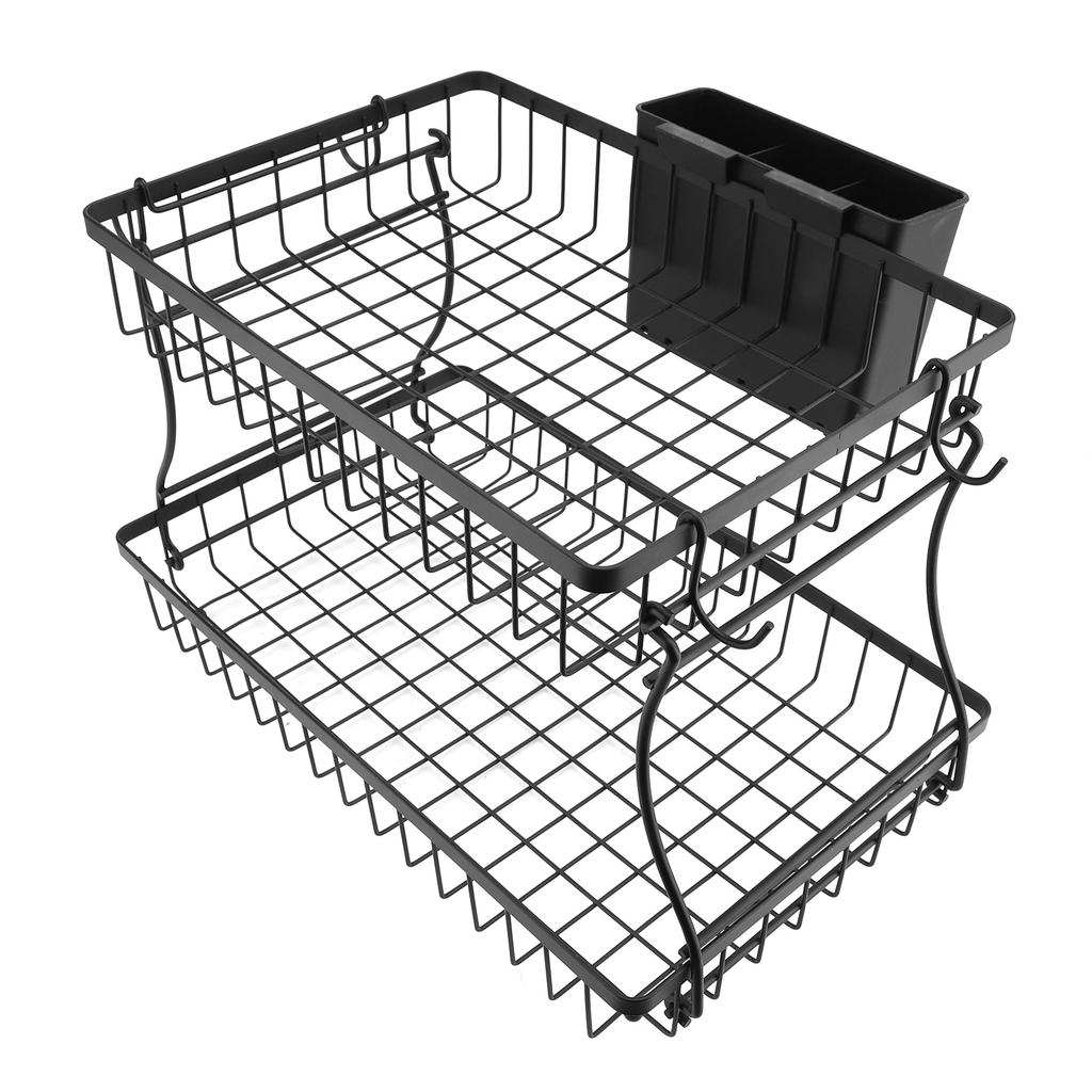 2 Tier Fruit Organizer with Basket and Hooks Detachable Storage Holder for Kitchen Vegetable Bathroom Supplies