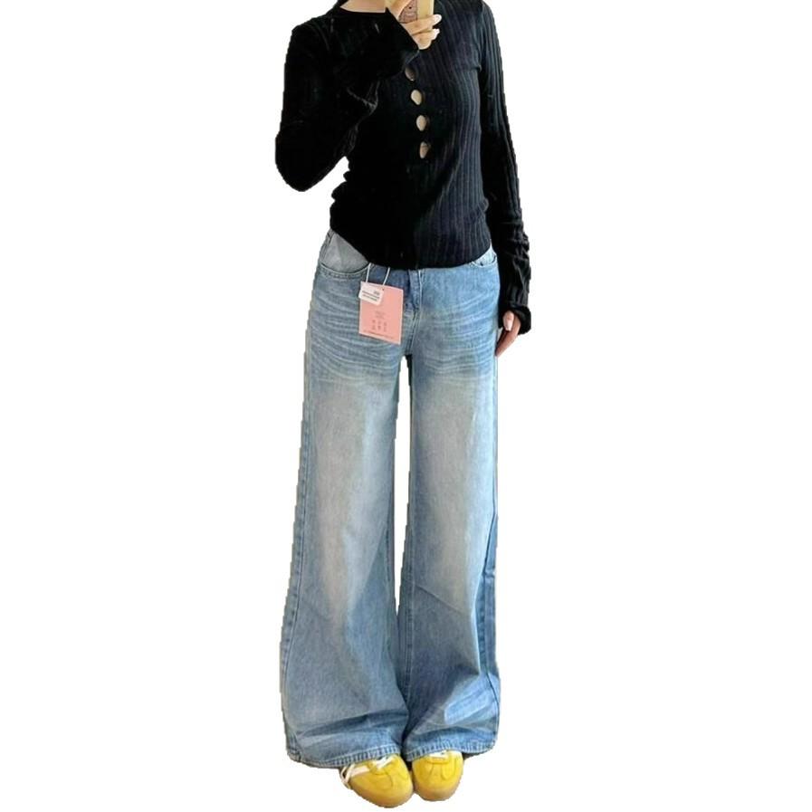 Crease Large Size Wide-legged Jeans Women's Washed Loose Thin Draping High Waist Dragging Floor Straight Trousers Jeans for Women Long Denim Pants