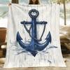 Nautical Anchor Design Flannel Blanket White Wood Texture Navy Blue Rope Marine Style Decor Soft Warm Throw forBedroomLivingRoom