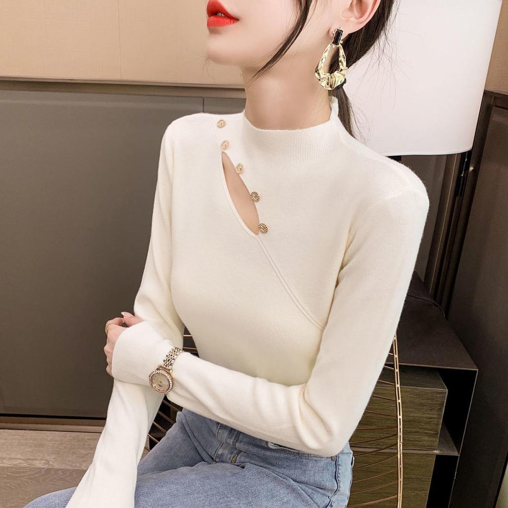 Pure collarbone top women's design semi-turtleneck long-sleeved knitted bottoming shirt women's solid color