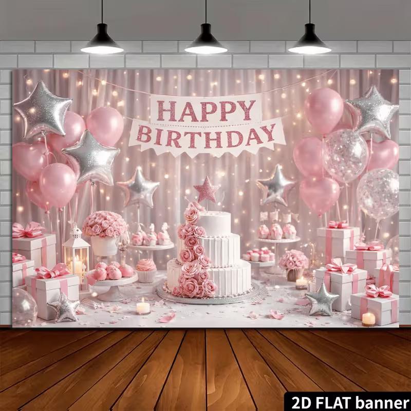 2D Pink Balloon & Cake Happy Birthday Backdrop Banner Photo Booth Background