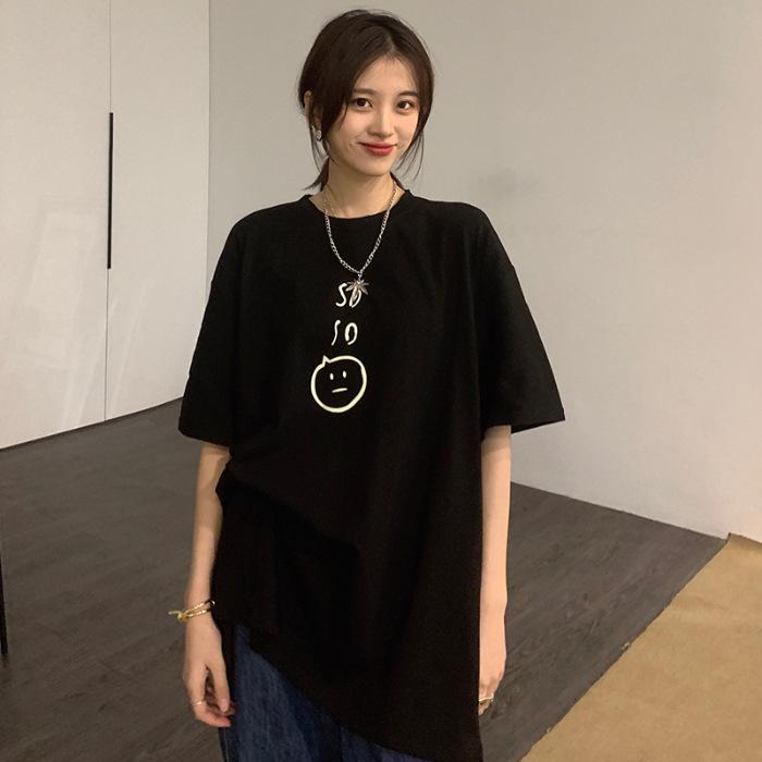 

Pure cotton American retro T-shirt women s spring summer loose and versatile casual round neck top t-shirt trendy brand XXXL