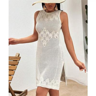 Summer Vacation Sexy Hollow Out O-neck Sleeveless Dress Solid Knitted Dress Elegant High Slit Dresses Beach Sunscreen Cover