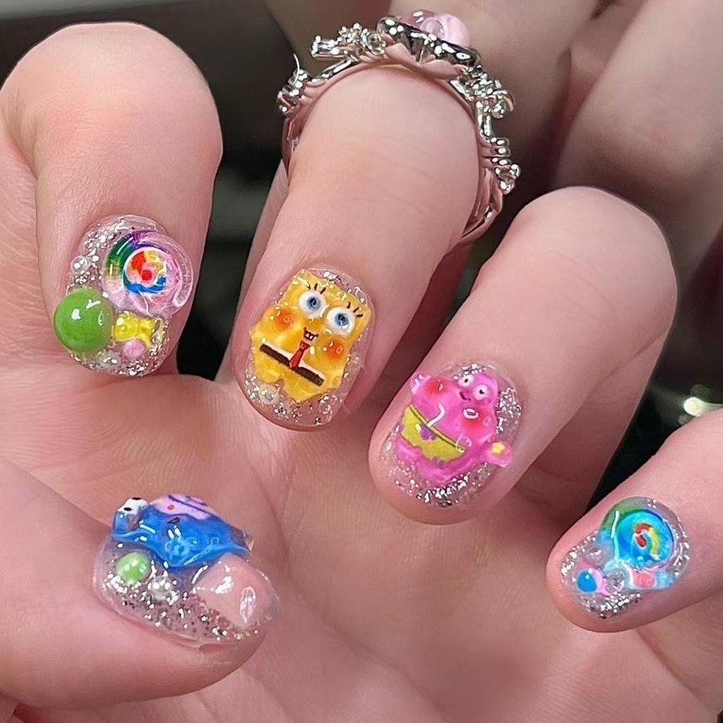 24Pcs Cartoon Sponge Star Cute Flash Nail Patch Nail Enhancement Patch Nail Powder Blusher