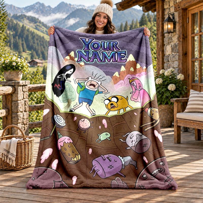 Adventure Time Custom Name Flannel Blanket Personalized Soft Warm Plush Throw Blanket Customized Gift for Family Friends