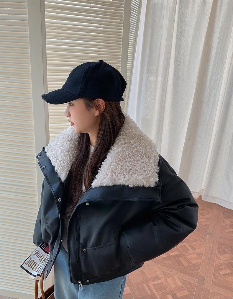Short Lamb Wool Lapel PU Jacket