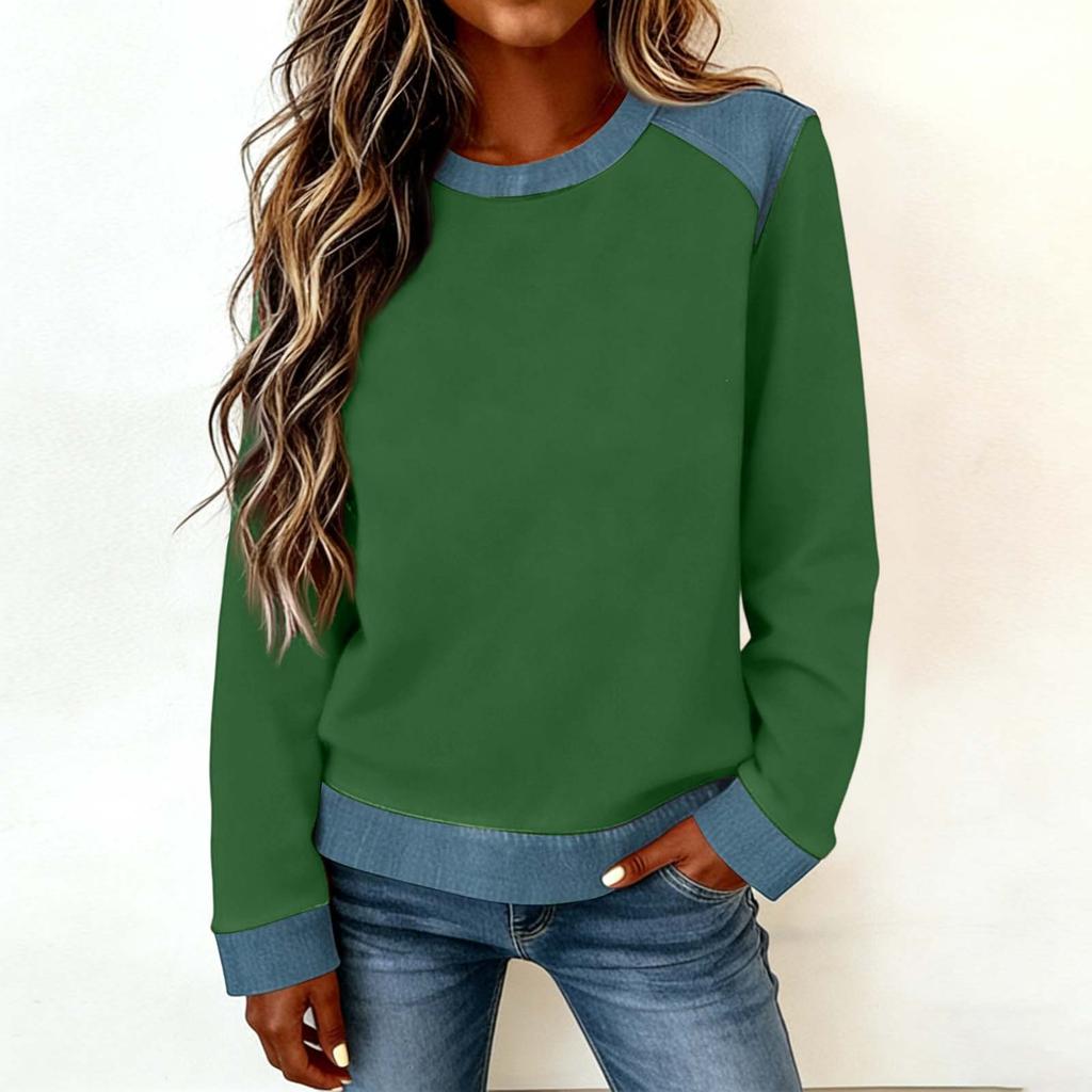 Damen Jeanskragen Patchwork Nähte Sweatshirt Lässig Pullover Langarmshirts