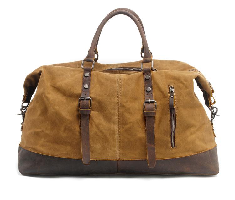 Large-capacity Men s Travel Handbag, European and American Waterproof Waxed Canvas Crossbody Luggage Bag with Crazy Horse Leathe Extra Large