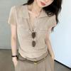 Old Money Style Temperament V-neck Knitted Short-sleeved T-shirt Women's Summer New Slim-fitting and Thin Polo Shirt Front Shoulder Top